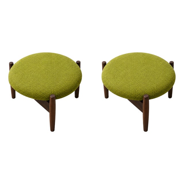 Mid Century Style Round Walnut Ottomans With Lime Green Fabric For Sale