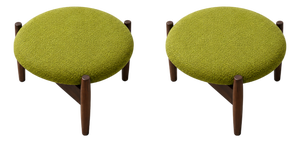 Mid Century Style Round Walnut Ottomans With Lime Green Fabric