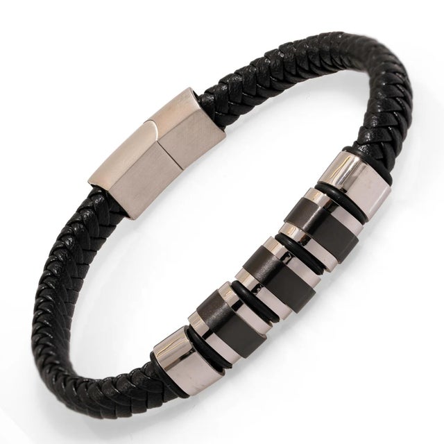 Men's Fashion Style Black Leather & Silver Bracelet For Sale In Miami - Image 6 of 7