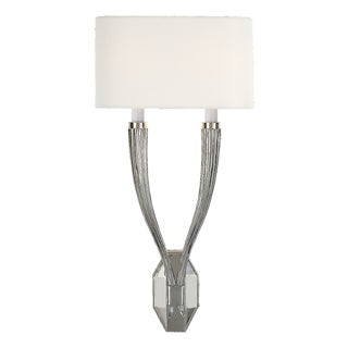 Chapman & Myers for Visual Comfort Signature Ruhlmann Double Sconce in Polished Nickel with Linen Shade For Sale