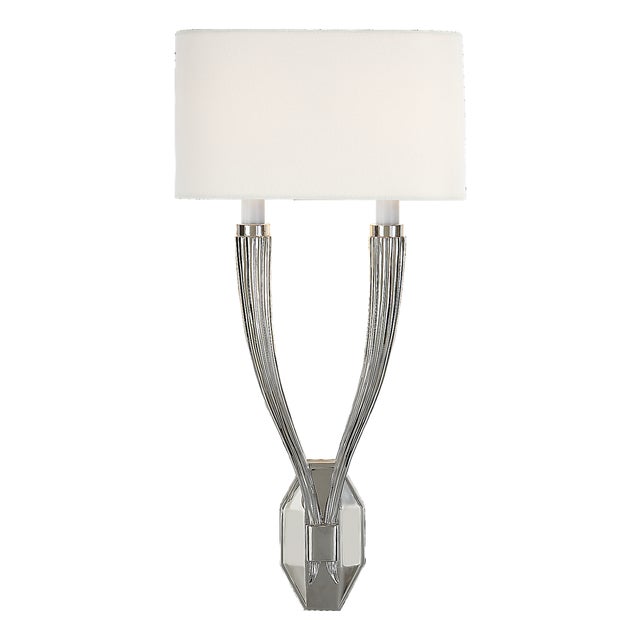 Chapman & Myers for Visual Comfort Signature Ruhlmann Double Sconce in Polished Nickel with Linen Shade For Sale