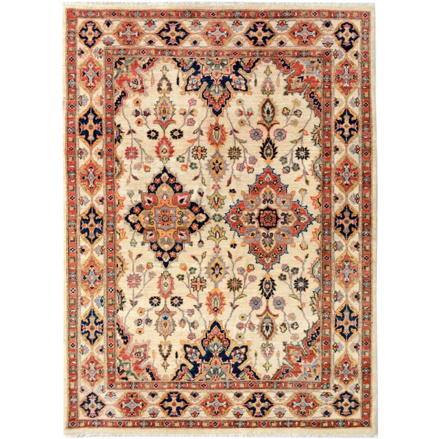 Ivory 1990s Shabby Chic Ivory/Blue Hand-Knotted Rug - 5'1 X 6'10 For Sale - Image 8 of 8