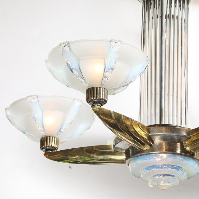 Art Deco Brass Petitot Chandelier W/ Glass Rods & Opalescent Glass Shades For Sale - Image 12 of 18