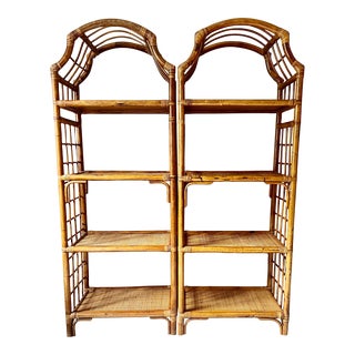 Mid 20th Century Vintage Hollywood Regency Pagoda Bamboo Boho Rattan Etagere Bookshelf Pair For Sale