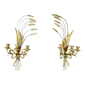 Pair of Vintage 1960s Italian Tole Wheat Gilt Candle Wall Sconces