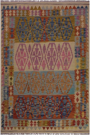 1990s Boho Chic Tribal Kilim Hand-Woven Wool Rug -5'1" X 6'6"