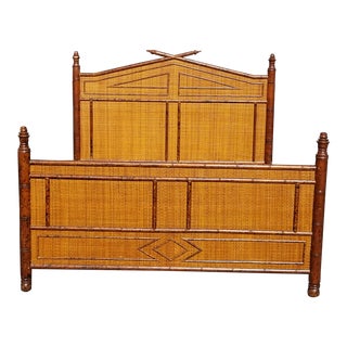 Palm Beach/Chinoiserie Carved Faux Bamboo Tortoise Rattan Queen Bed For Sale