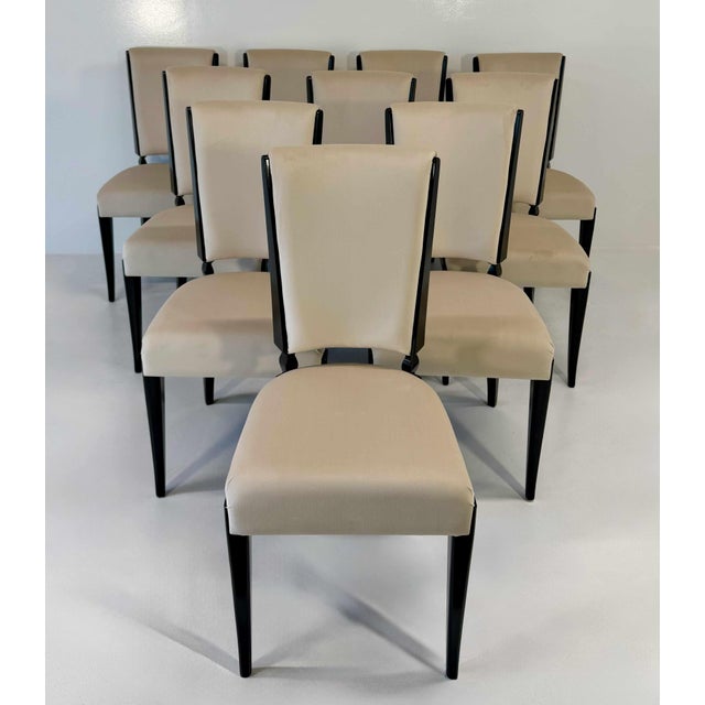 Vintage French Dining Chairs in Black Lacquer and Beige Velvet, 1980s, Set of 10 For Sale - Image 3 of 11