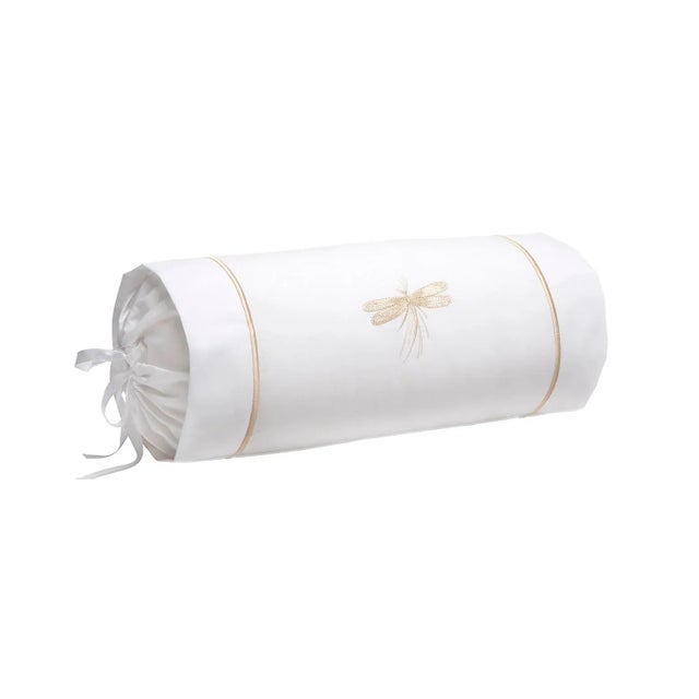 Traditional Beige Classic Dragonfly Bolster Cushion with Insert, Embroidered For Sale - Image 3 of 3