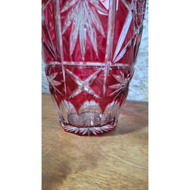 Glass Large Cut Crystal Vase with Ruby ​​Red Overlay, Central Europe, 1950s For Sale - Image 7 of 10