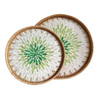 Set of Two Green Mandala Pattern Rattan and Mother-of-Pearl Inlaid Round Trays For Sale