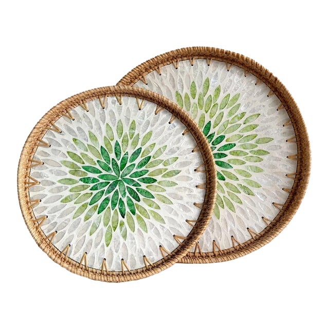 Set of Two Green Mandala Pattern Rattan and Mother-of-Pearl Inlaid Round Trays For Sale