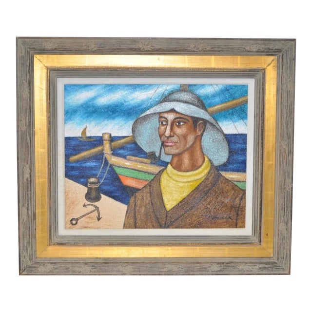 Mid Century Modern Fisherman W/ Pipe Oil Painting C.1950 For Sale