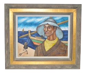 Mid Century Modern Fisherman W/ Pipe Oil Painting C.1950