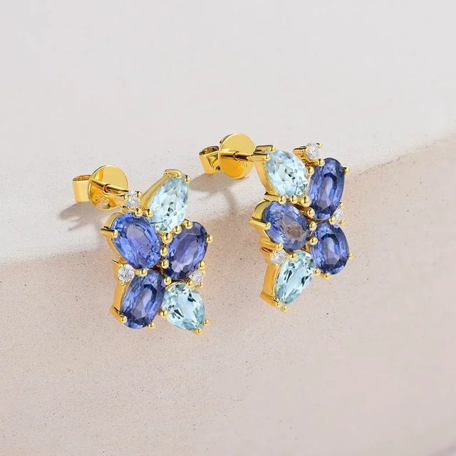 2020s Nina Zhou Sapphire, Aquamarine and Diamond Cluster Earrings in 14k Yellow Gold, a Pair For Sale - Image 5 of 6