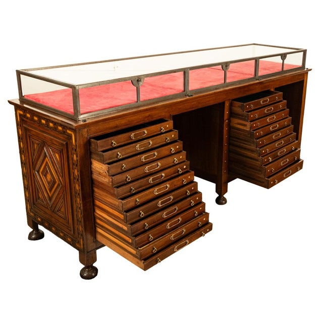 Antique Art Deco Jewelry Store Display Case Counter Walnut Bronze Glass 1920 For Sale - Image 10 of 18