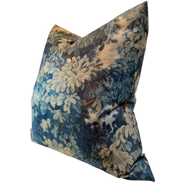A handsome pair of vintage decorative pillows made with Old World Weavers fabric inspired by historic European verdure...