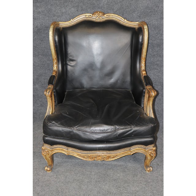 Animal Skin Maison Jansen Genuine Leather Gilt and Paint Decorated Grand Scale Bergere Chair For Sale - Image 7 of 15