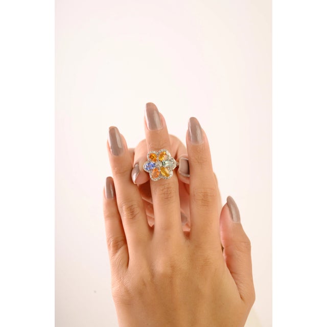Bochic Solid Silver Oval Multi Sapphire & Diamond Cluster Cocktail Ring - Size 8 For Sale - Image 6 of 10