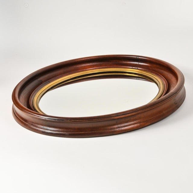 Wood Large Antique Deep Wood Framed Oval Mirror With Gold Accent For Sale - Image 7 of 17