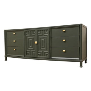 Vintage Dark Green Geometric Credenza With Brass Hardware For Sale
