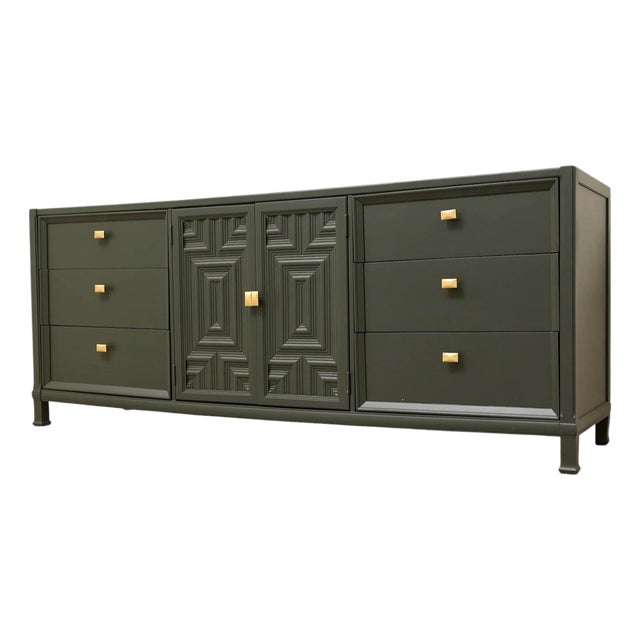 Vintage Dark Green Geometric Credenza With Brass Hardware For Sale