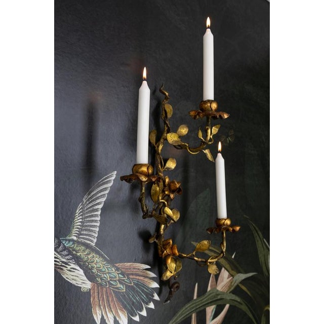 Metal Hollywood Regency Gilt Tole Metal Triple-Arm Floral Wall Candle Sconce, 1970s For Sale - Image 7 of 18