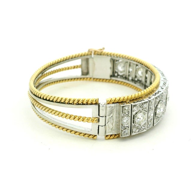 1930s French Art Deco Platinum, 18k Gold & 6.11 Carat Diamond Bracelet, Circa 1930 For Sale - Image 5 of 11