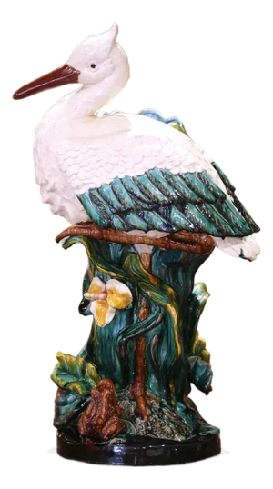 Late 19th Century French Barbotine Majolica Umbrella Stand With Stork and Frog