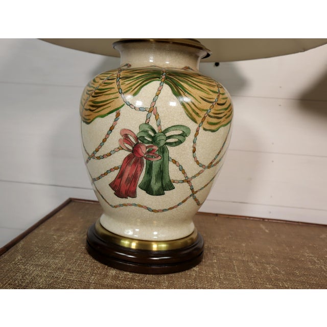 Hollywood Regency Vintage Pair Wildwood Hand Painted Ceramic Tassel Table Lamps 80's 90's Hollywood Regency Neoclassical Traditional For Sale - Image 3 of 17
