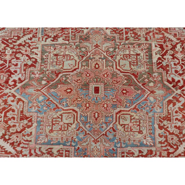 Early 20th Century Antique Persian Heriz Rug With Central Medallion in Red and Blue 9'7 X 12'10 For Sale - Image 5 of 16