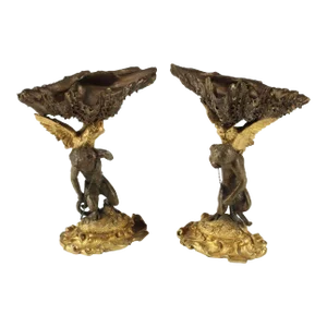 Pair of Antique Figural Patinated & Gilt Bronze Garnitures With Shell-Form Bowl
