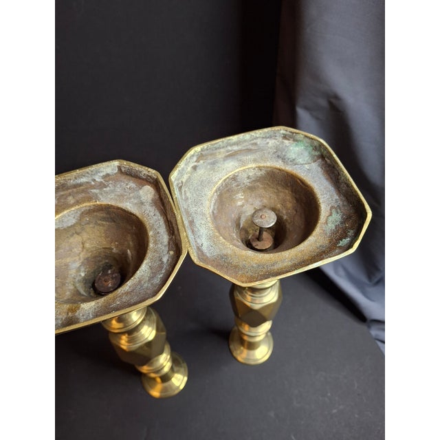 Antique Matching Pair Victorian "The Queen of Diamonds" Brass Candlesticks 11" Push Up Ejector c.1897 For Sale - Image 16 of 18