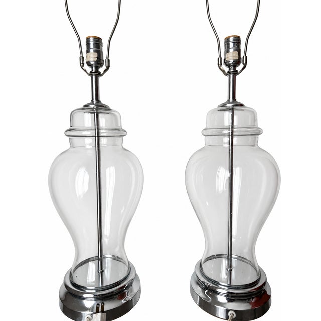 Late 20th Century Clear Glass Baluster Table Lamps With Chrome-Tone Bases - Pair For Sale - Image 11 of 14