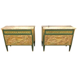 Paint Decorated Hollywood Regency Marble-Top Commodes Manner of M. Jansen, Pair For Sale