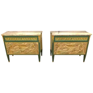 Paint Decorated Hollywood Regency Marble-Top Commodes Manner of M. Jansen, Pair