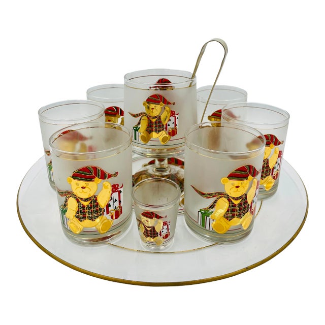 Vintage Culver Glass Company Holiday Bear Cocktail Set- 11 Pieces For Sale
