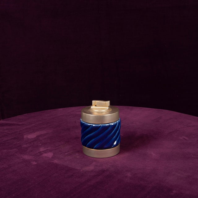 Metal Blue Glazed Ceramic and Brass-Toned Metal Table Lighter by Tommaso Barbi, 1970s For Sale - Image 7 of 17
