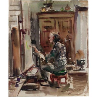 Carlo Ravagnan, The Painter Bruno Amadio in his Studio, Watercolor, 1961 For Sale