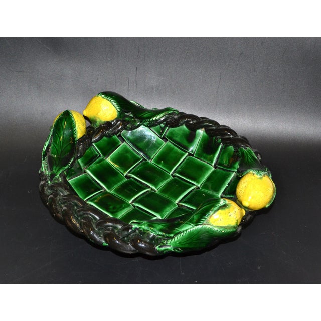 Marked Vallauris France Ceramic Lemon Basket Green & Yellow Mid-Century Modern For Sale - Image 9 of 13