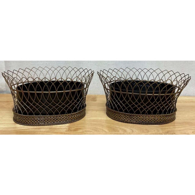 Early 20th Century Early 20th Century Antique French Gilt T?¥le & Iron Tole Metal Filigree Oval Planters - A Pair For Sale - Image 5 of 13