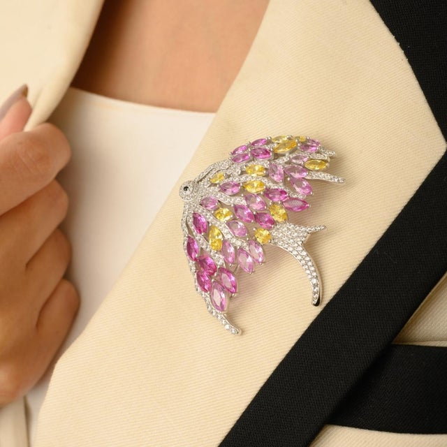 Pink 925 Silver Fish Brooch Pin With Colorful Marquise Cut Cz Diamonds For Sale - Image 8 of 12