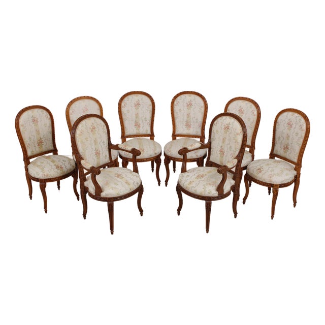 Set of 8 French Louis XIV Style Upholstered Dining Room Chairs For Sale
