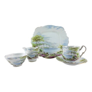 1960s Paragon Double Warrant “Cliffs of Dover” Cake Plate, Cup, Saucer, Creamer and Sugar Bowl - Set of 5 For Sale