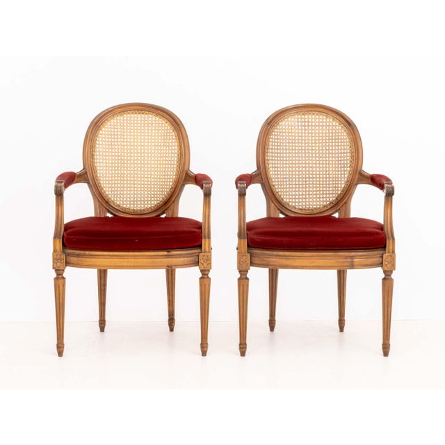 Pair of Louis XVI Style Red Velvet Upholstered Cane Paneled Walnut Fauteuils For Sale - Image 4 of 13