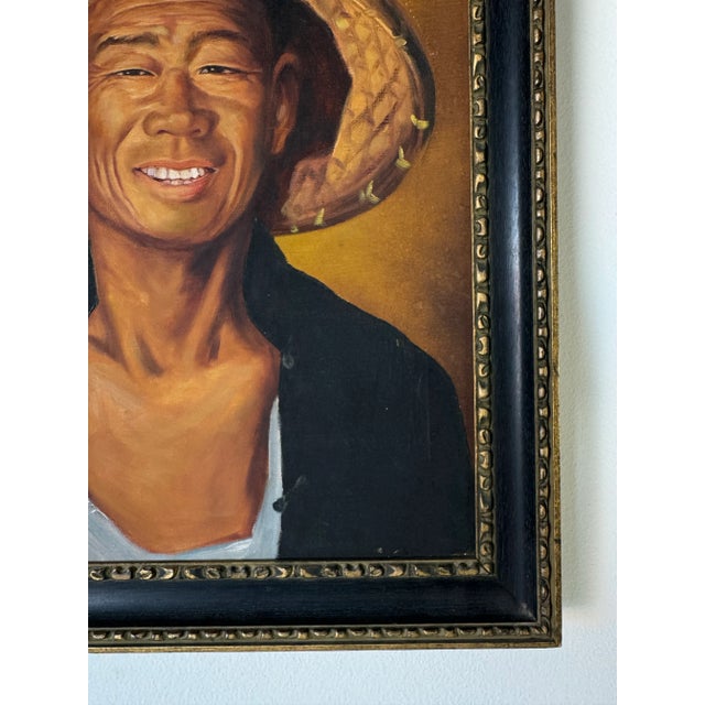 70's Vintage Oil Portrait Painting of Chinese Man With Hat For Sale - Image 10 of 11
