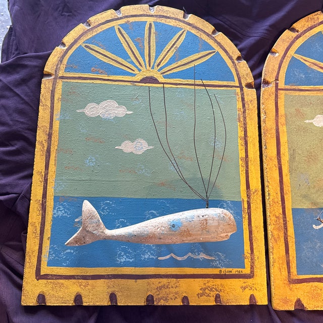 Mid-Century Modern Vintage 1982 Curtis Jeré Wood & Metal Diptych Wall Sculptures - "The Schooner" & "Breaching Whale" Pair With Original Artisan House & Raymor Tags For Sale - Image 3 of 12