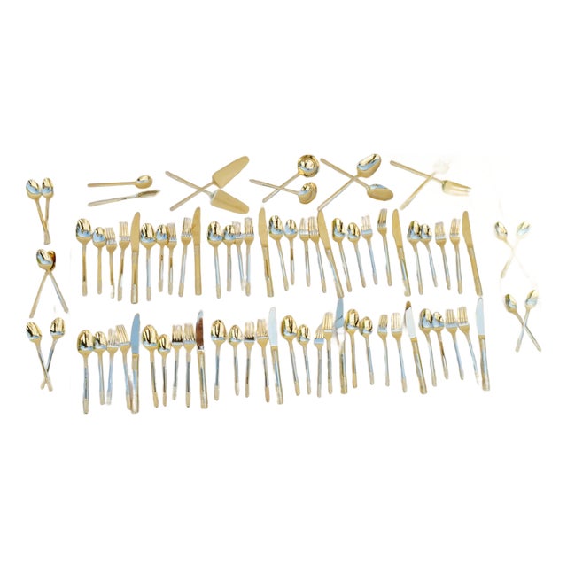 Contemporary Modern Flatware Stainless Steel Gold Tone Korea 82 Piece Collection For Sale