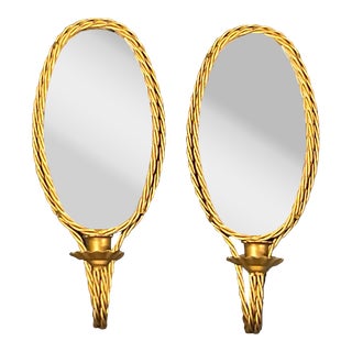 1960s French Twisted Metal Rope Wall Candle Holder Mirrored Sconces - a Pair For Sale