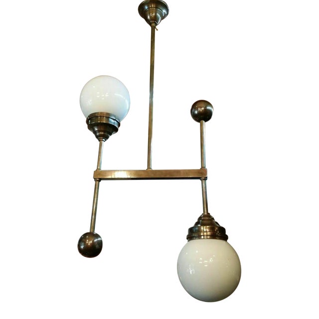 1940s Art Deco Bauhaus Brass Hanging Light with Milk Glass Shades For Sale